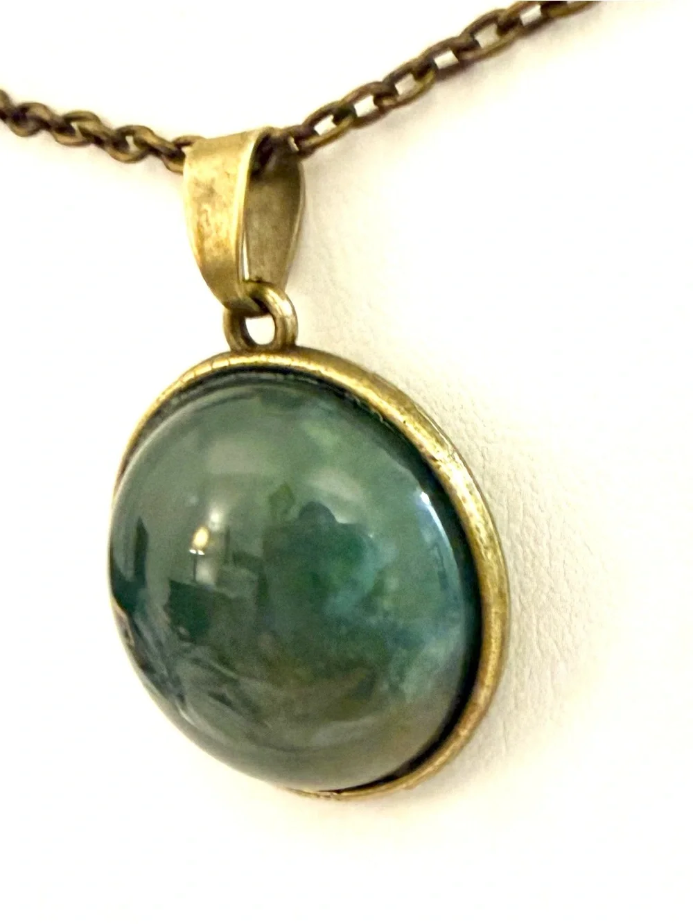 S925 Green Aventurine Pendant Necklace Bronze Tone Bezel Round Stone 18